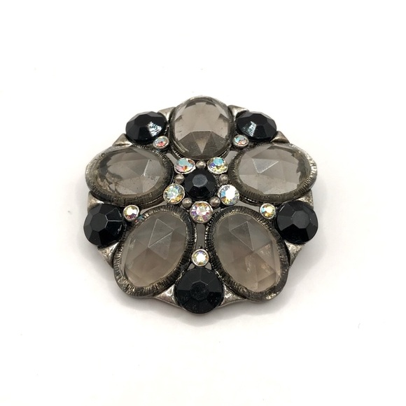 Unsigned Jewelry - Chic Black and Silver-Tone with Rhinestones Brooch